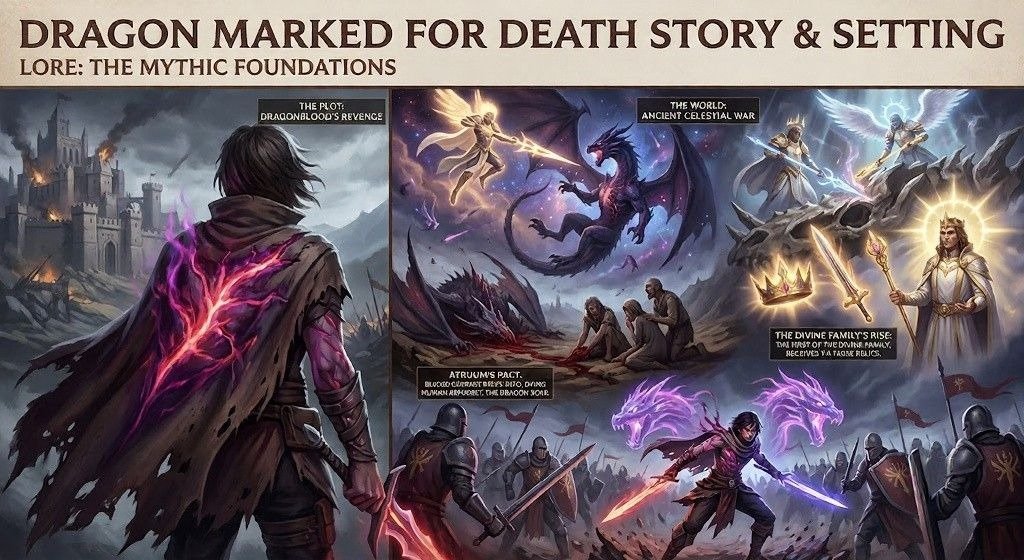 Dragon Marked for Death lore artwork depicting the Dragonblood Clan and Astral Dragons.
Illustrates revenge, divine conflict, mythical origins, and the world's fantasy setting.