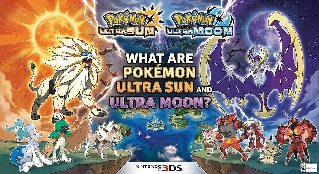 Promotional artwork asking what Pokémon Ultra Sun and Ultra Moon are.
Solgaleo, Lunala, Alolan Pokémon, and the Alola region appear side by side.