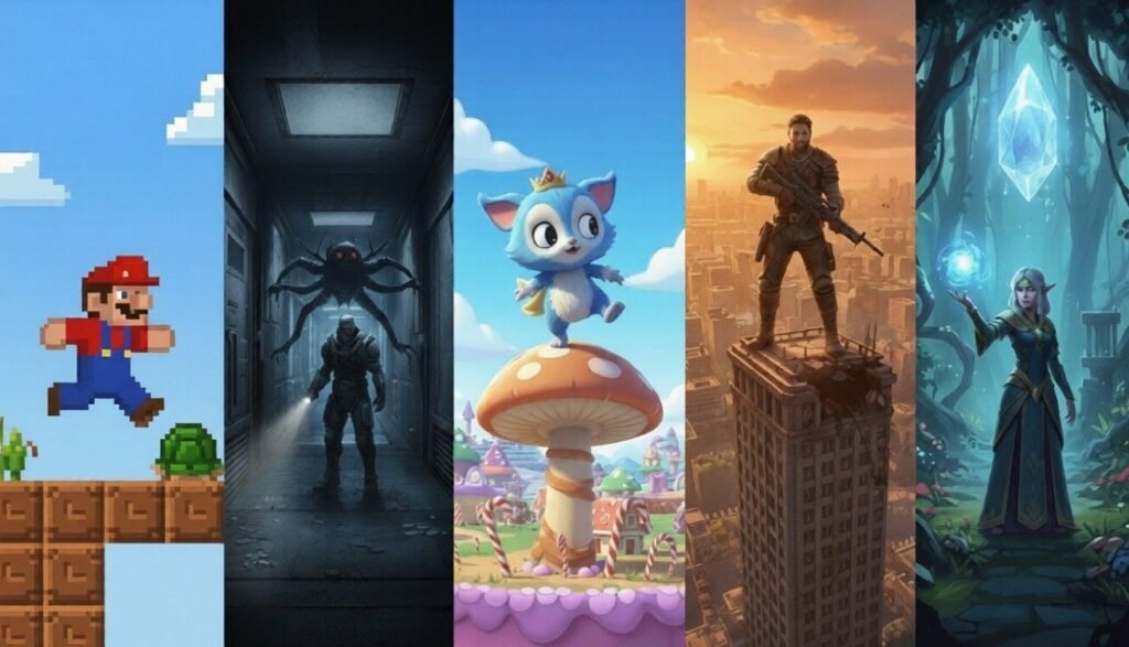 Collage showing different platformer game styles including classic pixel platform games, dark adventure scenes, cute cartoon characters, and fantasy environments.