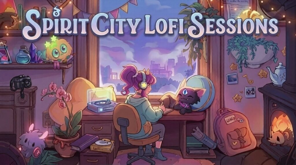 Cozy animated study room scene inspired by Spirit City Lofi Sessions featuring a girl with headphones listening to lofi music at her desk with cute spirit creatures around.