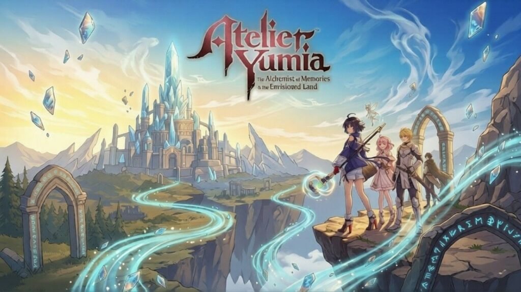 Artwork showing three anime-style characters overlooking a glowing magical path leading to a crystal city in Atelier Yumia, with fantasy ruins and floating shards surrounding the scene.
