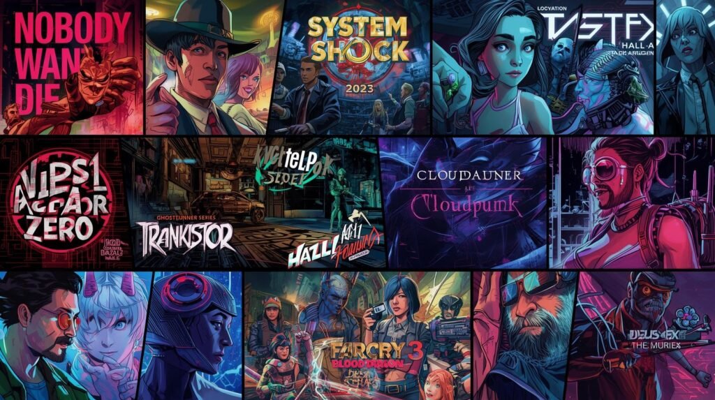 Best Cyberpunk Games in 2026 featuring titles like System Shock, Cloudpunk, Ghostrunner, Katana Zero, Far Cry 3 Blood Dragon, and Deus Ex in a neon futuristic collage
