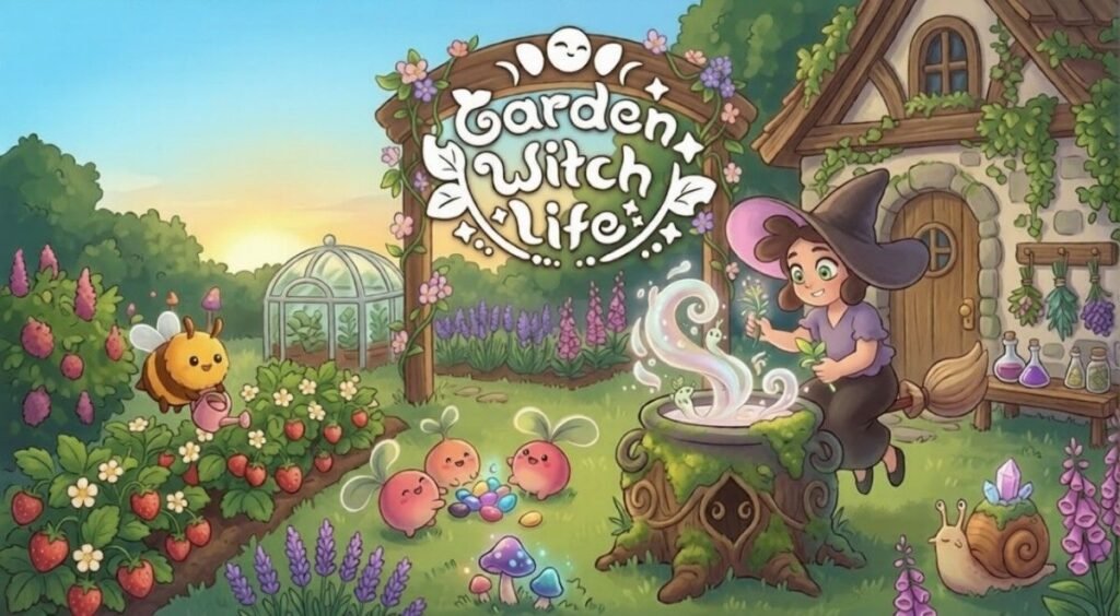 Cozy magical garden scene from Garden Witch Life featuring a witch crafting potions among crops and creatures
