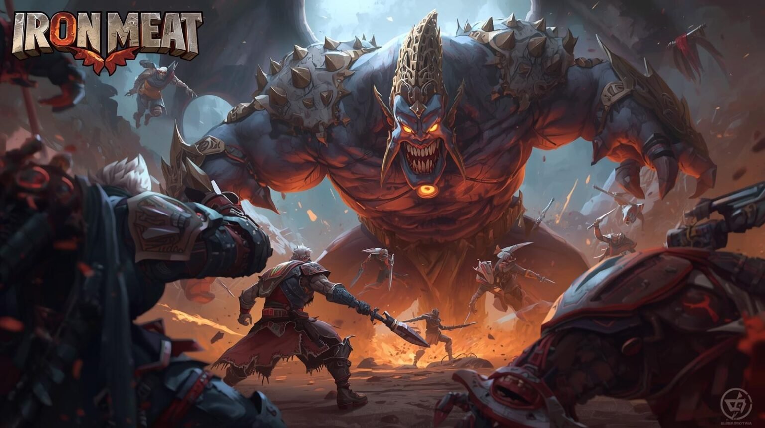 Iron Meat boss battle gameplay showing giant monster fighting soldiers in a chaotic run-and-gun shooter