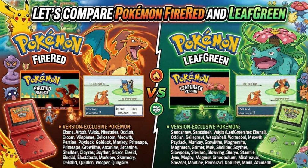 Let’s Compare “Pokémon Firered and Leafgreen” Comparison graphic contrasting Pokémon FireRed and LeafGreen, with Charizard and Venusaur artwork, Game Boy Advance handhelds, battle screenshots, and lists of version-exclusive Pokémon on each side.