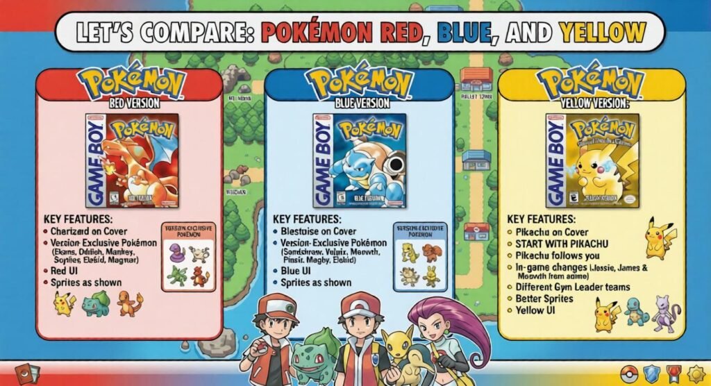 Comparison of Pokémon Red, Blue, and Yellow versions showing features, version exclusives, and Pikachu mechanics