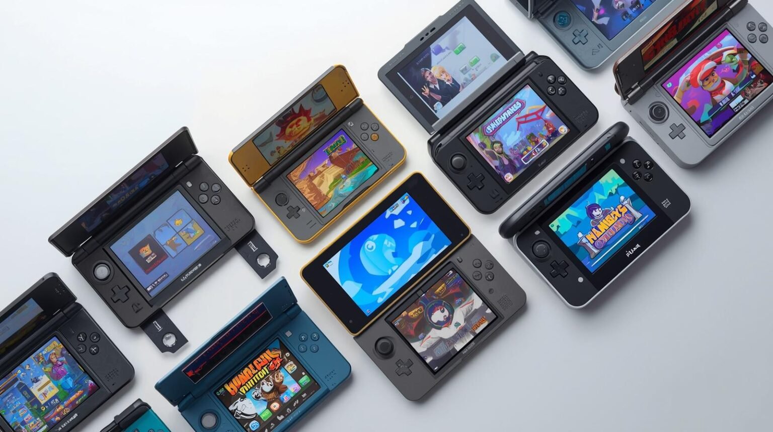 Collection of Nintendo DS handheld gaming consoles displayed with different games on their screens.