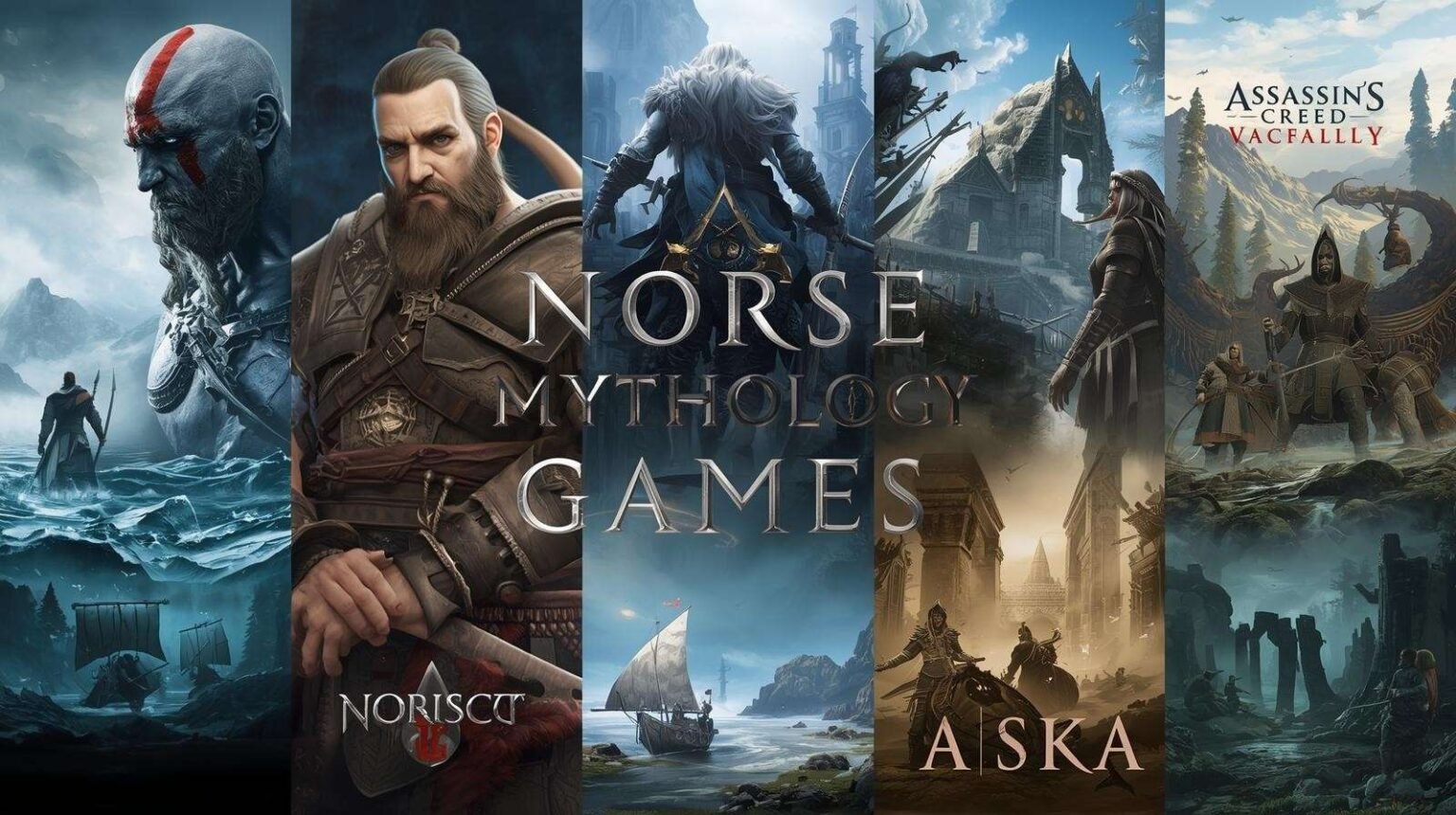 The Best Norse Mythology Games in 2026 Collage of Norse mythology inspired video games featuring Viking warriors, mythological landscapes, and Assassin’s Creed Valhalla style characters.
