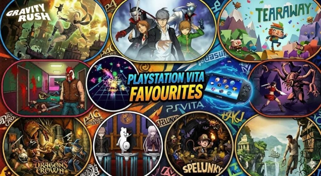 Best PlayStation Vita games collage featuring Gravity Rush, Persona 4 Golden, Tearaway, Hotline Miami, and Spelunky.