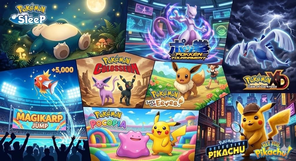 Best Pokémon Spin-Off Games in 2026 Collage of popular Pokémon spin-off games including Pokémon Sleep, Pokken Tournament, Pokémon Colosseum, Let’s Go Eevee, Pokémon XD, Magikarp Jump, Pokémon Pocopia, and Detective Pikachu.