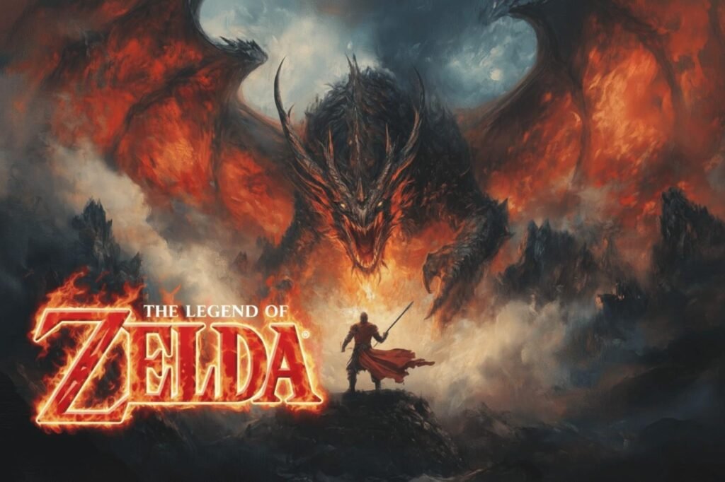 Epic fantasy artwork of The Legend of Zelda featuring a warrior facing a giant fire dragon in a dark mystical landscape.