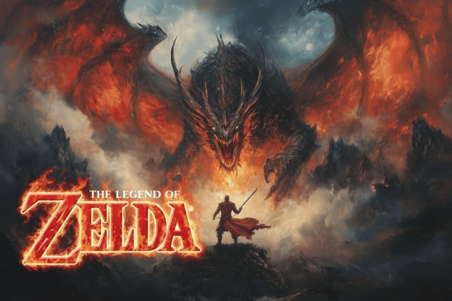 My Honest Reaction About “The Legend of Zelda” Epic fantasy artwork of The Legend of Zelda featuring a warrior facing a giant fire dragon in a dark mystical landscape.