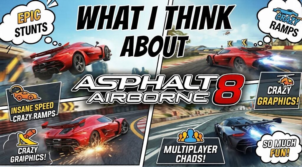 Collage-style Asphalt 8: Airborne image featuring red and blue supercars drifting, jumping, and boosting across multiple tracks, surrounded by bold text callouts about epic stunts, crazy ramps, graphics, multiplayer chaos, and fun.