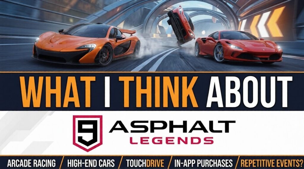 What I Think About “Asphalt 9: Legend” Asphalt 9: Legends review feature image showing visuals, gameplay, multiplayer, progression, car collection, and in-game purchases.