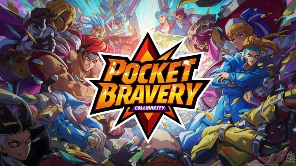 Pocket Bravery game promotional artwork featuring anime-style fighters surrounding the official logo in vibrant action poses.