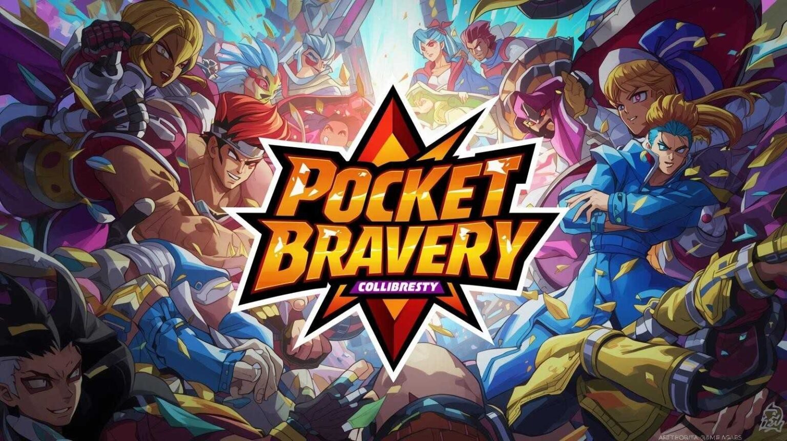My Honest Review of “Pocket Bravery” Pocket Bravery game promotional artwork featuring anime-style fighters surrounding the official logo in vibrant action poses.