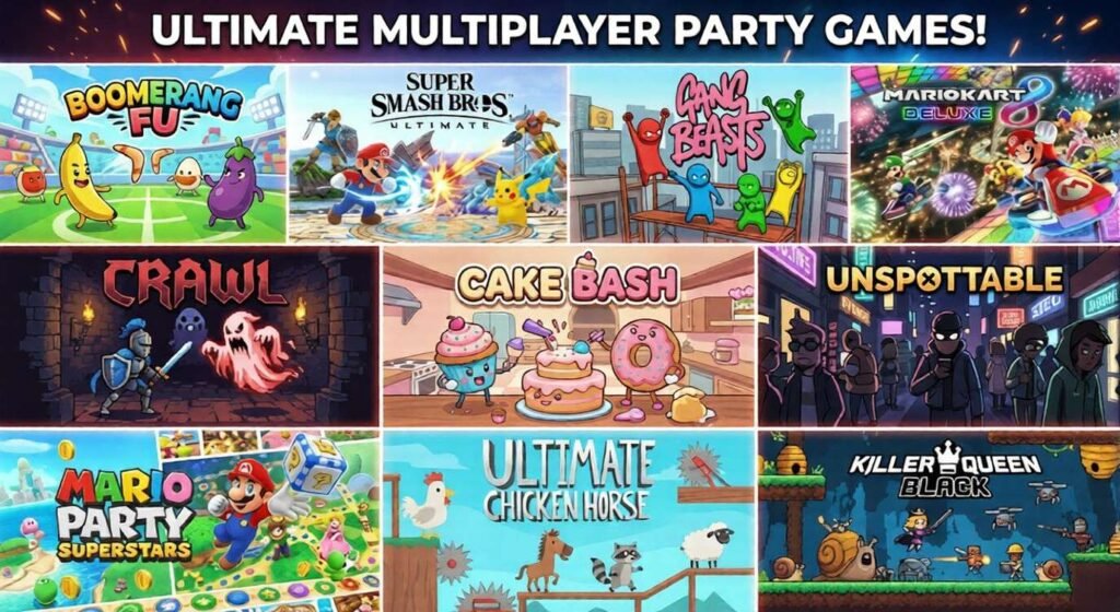 Best Nintendo Competitive Games in 2026 Collage of ten Nintendo competitive party games for 2026, featuring Boomerang Fu, Super Smash Bros. Ultimate, Gang Beasts, Mario Kart 8 Deluxe, Crawl, Cake Bash, Unspottable, Mario Party Superstars, Ultimate Chicken Horse, and Killer Queen Black under the heading “Ultimate Multiplayer Party Games!”