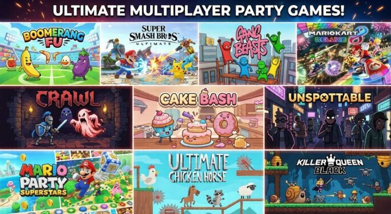 Best Nintendo Competitive Games in 2026 Collage of ten Nintendo competitive party games for 2026, featuring Boomerang Fu, Super Smash Bros. Ultimate, Gang Beasts, Mario Kart 8 Deluxe, Crawl, Cake Bash, Unspottable, Mario Party Superstars, Ultimate Chicken Horse, and Killer Queen Black under the heading “Ultimate Multiplayer Party Games!”