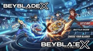 Promotional image for Beyblade X with anime bladers in a stadium. Two spinning tops collide beside menu text and large logos.
