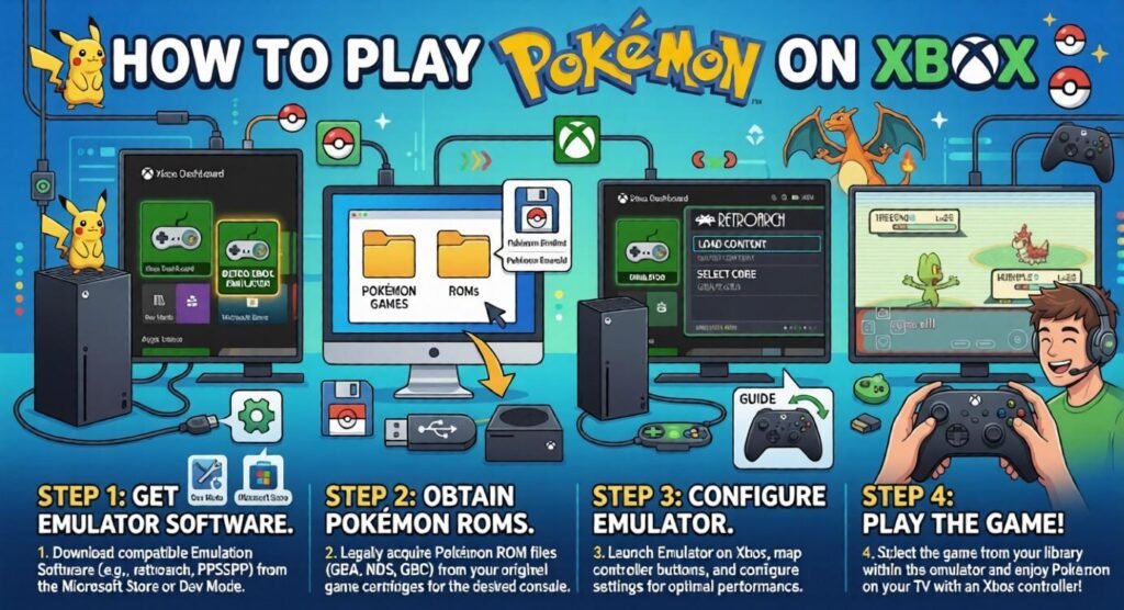 Infographic titled “How to Play Pokémon on Xbox,” showing a four-step setup with emulator software, ROM transfer, RetroArch configuration, and gameplay on Xbox screens.