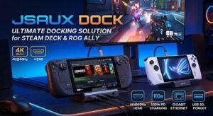 Promotional image of the JSAUX dock with Steam Deck and ROG Ally. Highlights 4K HDMI, 100W charging, gigabit Ethernet, and USB support.