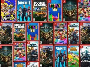 Let’s Talk About Nintendo Switch Online Games Collage of Nintendo Switch game covers featuring Splatoon 3, Fortnite, Rocket League, Tetris 99, Diablo III, Mario Kart 8 Deluxe, Paladins, Monster Hunter Rise, Animal Crossing, and Warframe.
