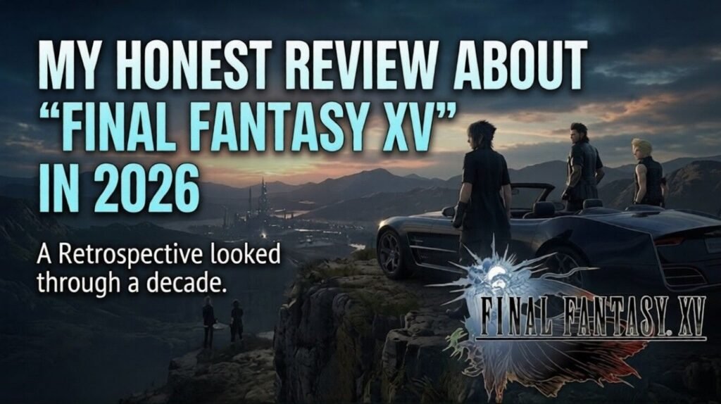 Thumbnail for a 2026 review of Final Fantasy XV, showing Noctis and companions beside a car overlooking Eos at dusk, with large headline text and the game logo.