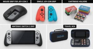 Collage of five Nintendo Switch 2 accessory concepts. Shows grips, cartridge holders, and a travel storage case.