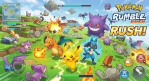 What I Think About “Pokemon Rumble Rush” Promotional art for Pokémon Rumble Rush shows Pikachu, Charizard, and Lucario battling. Colorful floating islands surround wild Pokémon, with the game logo on the right.