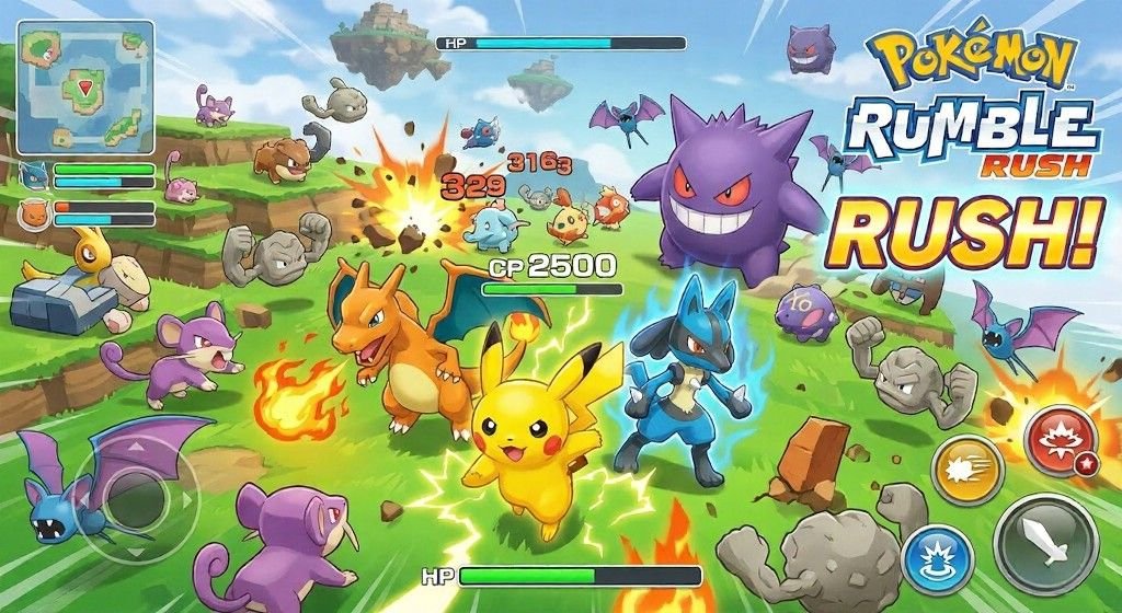 What I Think About “Pokemon Rumble Rush” Promotional art for Pokémon Rumble Rush shows Pikachu, Charizard, and Lucario battling. Colorful floating islands surround wild Pokémon, with the game logo on the right.