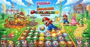 Colorful Puzzle & Dragons: Super Mario Edition battle scene with match-three board. Mario, Peach, Yoshi, and Bowser face off in a bright fantasy world.