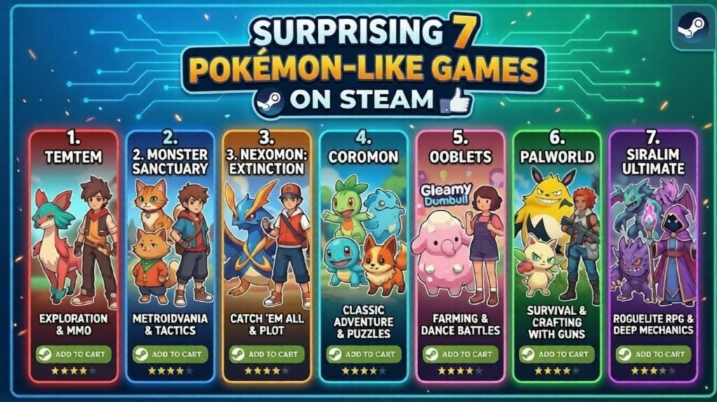 Infographic titled “Surprising 7 Pokémon-like Games on Steam.” Seven colorful game panels show creatures, trainers, and genre hooks.
