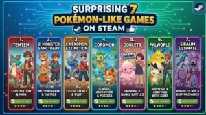 Infographic titled “Surprising 7 Pokémon-like Games on Steam.” Seven colorful game panels show creatures, trainers, and genre hooks.