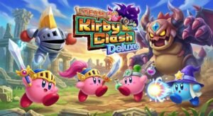 Team Kirby Clash Deluxe (3DS) Review Promotional artwork for Team Kirby Clash Deluxe showing four Kirby heroes battling a giant horned monster, with Meta Knight flying above ancient ruins.
