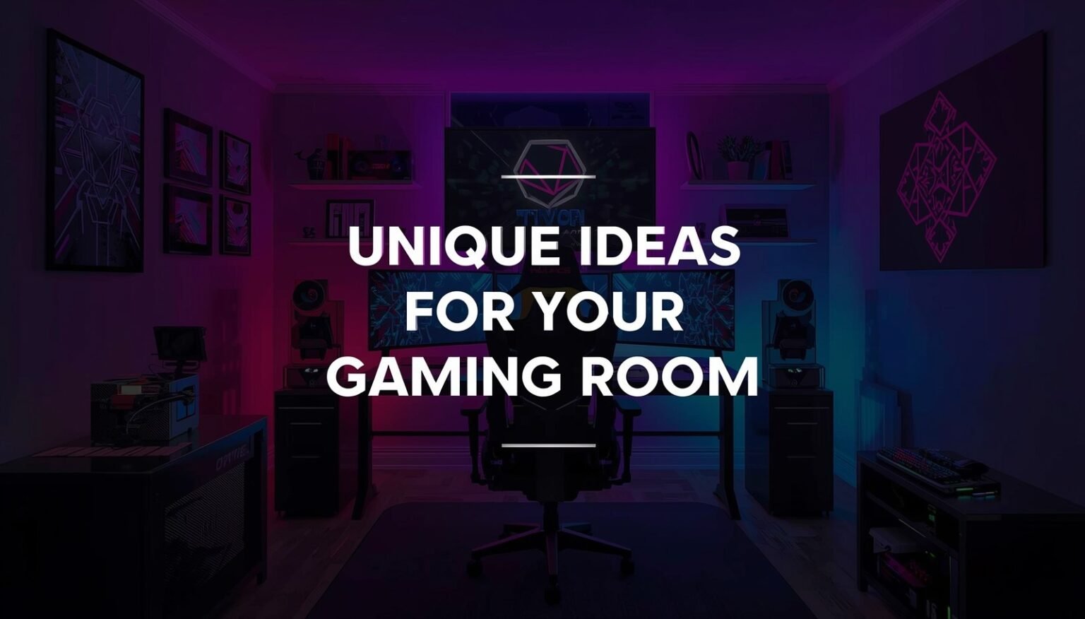 Neon-lit gaming room with dual monitors and bold central title text. Purple and blue lighting frames a sleek, modern setup.
