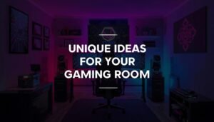 Neon-lit gaming room with dual monitors and bold central title text. Purple and blue lighting frames a sleek, modern setup.
