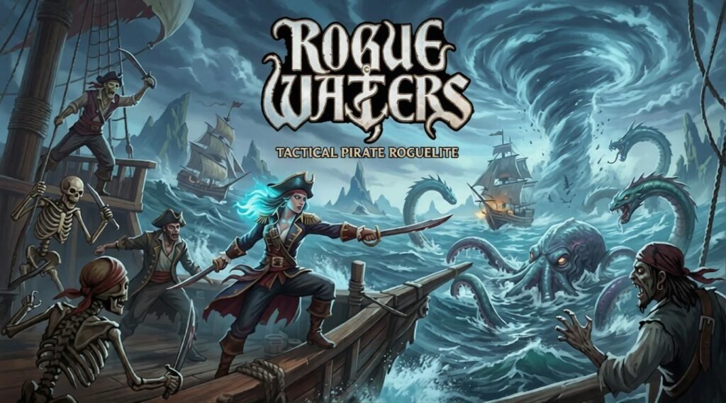 What I Think About “Rogue Waters” Promotional artwork for Rogue Waters showing Captain Cutter and undead pirates battling sea monsters on a stormy ocean, with ships circling a massive whirlpool beneath the game’s title.