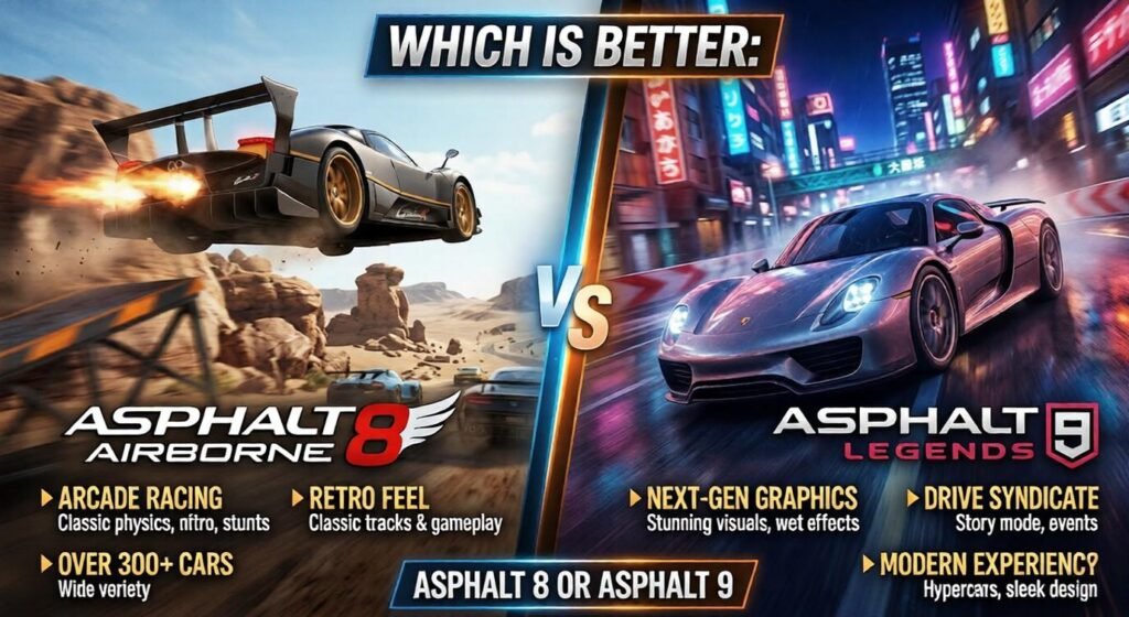Which Is More Fun: Asphalt 8 or Asphalt 9? Split comparison graphic of Asphalt 8: Airborne and Asphalt 9: Legends, showing a jumping desert race car on the left and a sleek neon city racer on the right, with text highlighting arcade freedom versus modern guided racing.