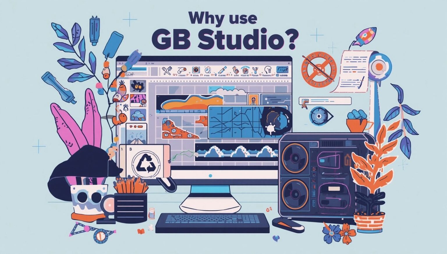 Illustration promoting GB Studio for retro game creation. A computer shows pixel-art tools, game scenes, and creative supplies.