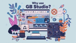 Illustration promoting GB Studio for retro game creation. A computer shows pixel-art tools, game scenes, and creative supplies.