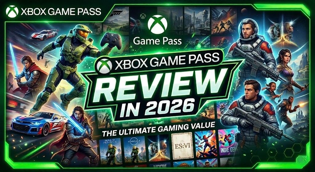 Xbox Game Pass Review in 2026 Promotional collage for an Xbox Game Pass review in 2026, featuring the Xbox logo, green neon framing, racing and sci-fi game characters, and cover art for multiple titles.