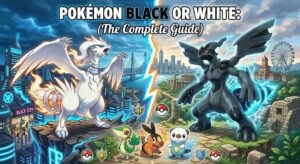 Pokémon Black and White cover art with Reshiram and Zekrom over a divided city
