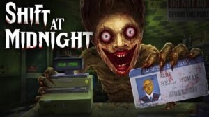 Monstrous doppelgänger holds up a fake "Real Human" ID card at a gas station checkout counter in Shift At Midnight.