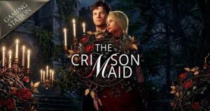 The Crimson Maid key art showing Marius and Irini embraced by roses outside a gothic manor at night.