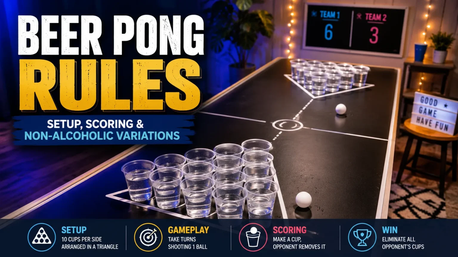 Beer pong rules setup with 10 water-filled cups in triangle formation, ping-pong balls and scoring guide