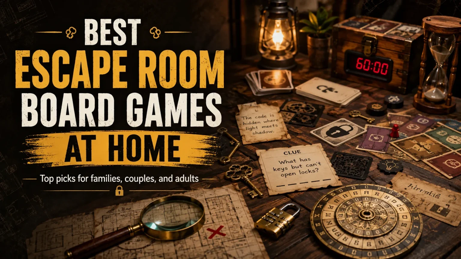 10 Best Escape Room Board Games at Home for Families and Adults Escape room board games at home with puzzles, clues, locks, keys, timer and mystery game pieces