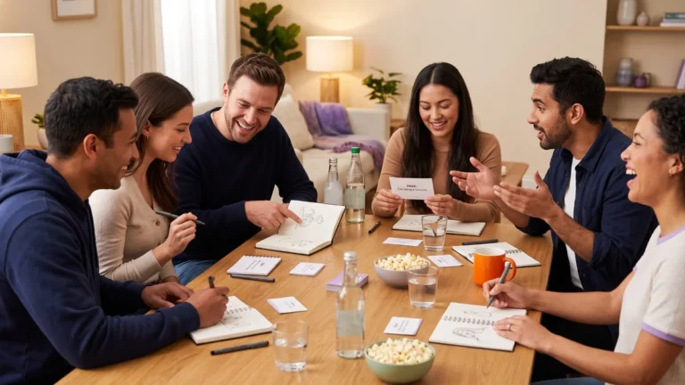 Best Party Games for Adults: 8 Picks for Every Group Six adults playing party games around a table with cards and sketchpads