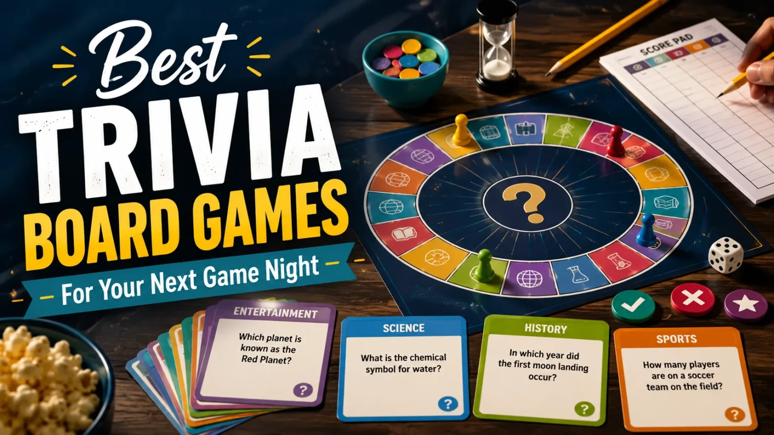 Trivia board game with colorful question cards, category board, pawns, timer and score sheet for game night