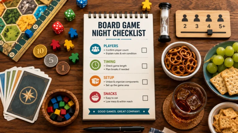 Board Game Night Checklist: Players, Timing, Setup, and Snacks Board game night checklist with player count, timing, setup, snacks, cards, dice and game pieces