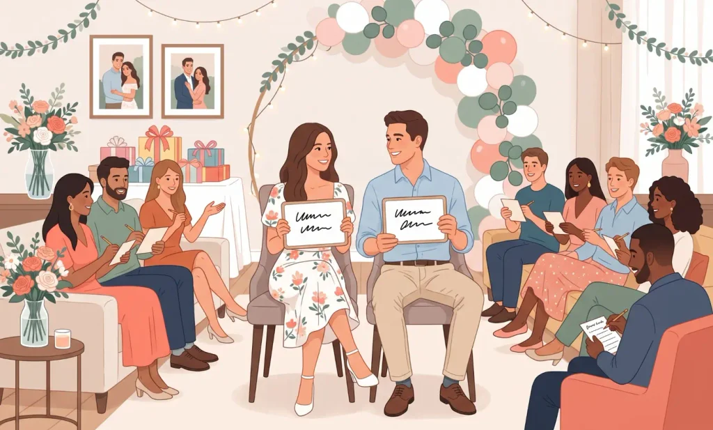 Couple answering newlywed game questions at a decorated bridal shower